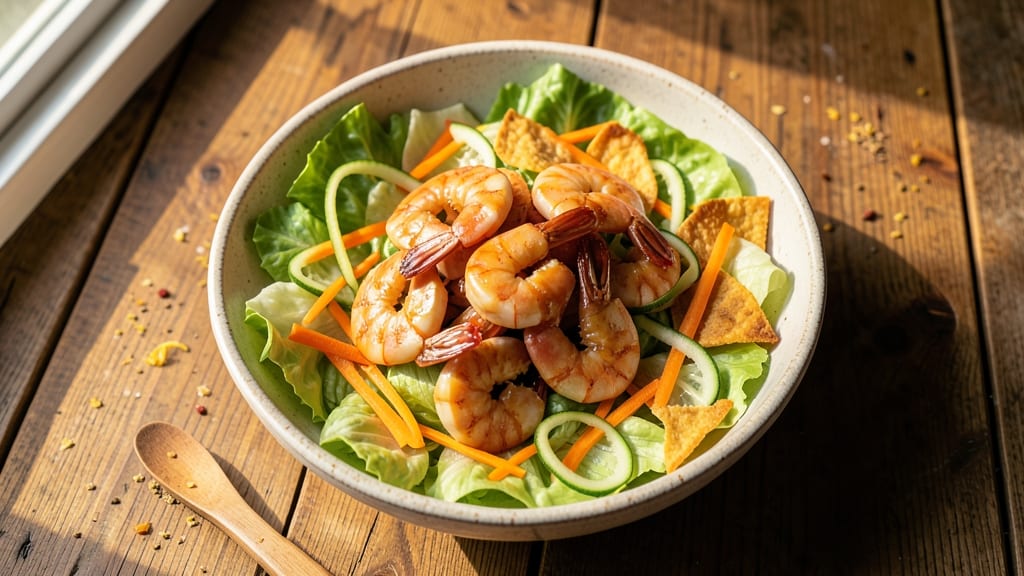 Asian Prawn Salad Recipe: Crispy Tortilla Strips Over Zesty Lime Cilantro Dressing