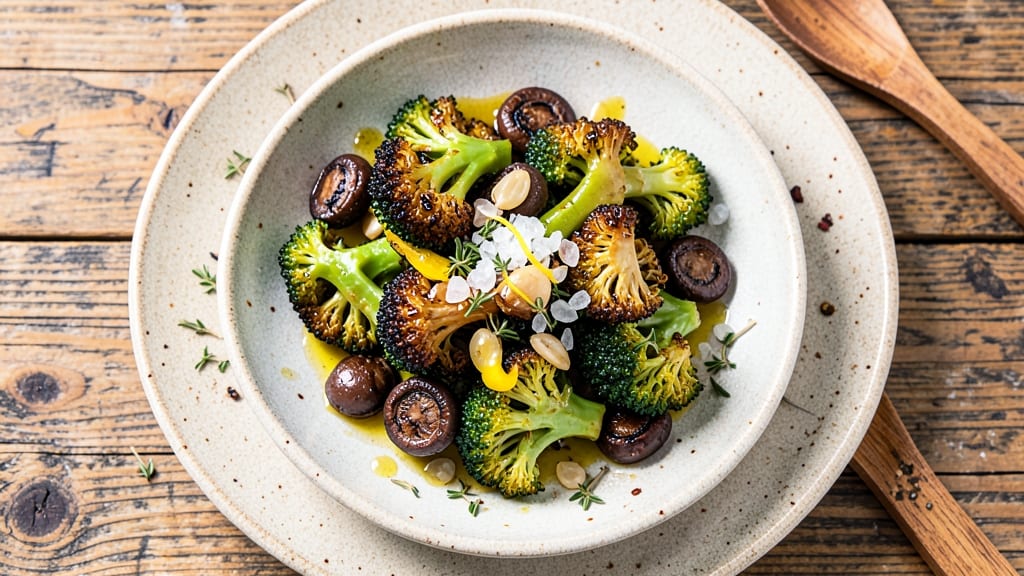 Broccoli Mushroom Salad Recipe: Crispy Roasted Bites with Garlicky Dressing