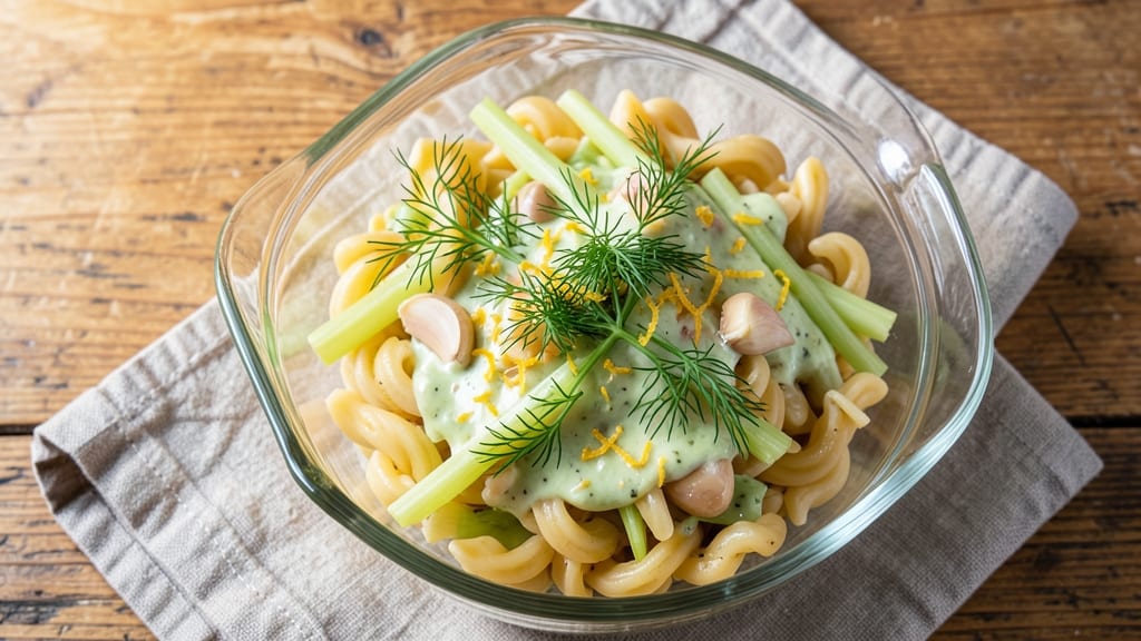 Bogie's Deli Pasta Salad Recipe: Celery Crown Crunch Over Zesty Dill-Lemon Dressing