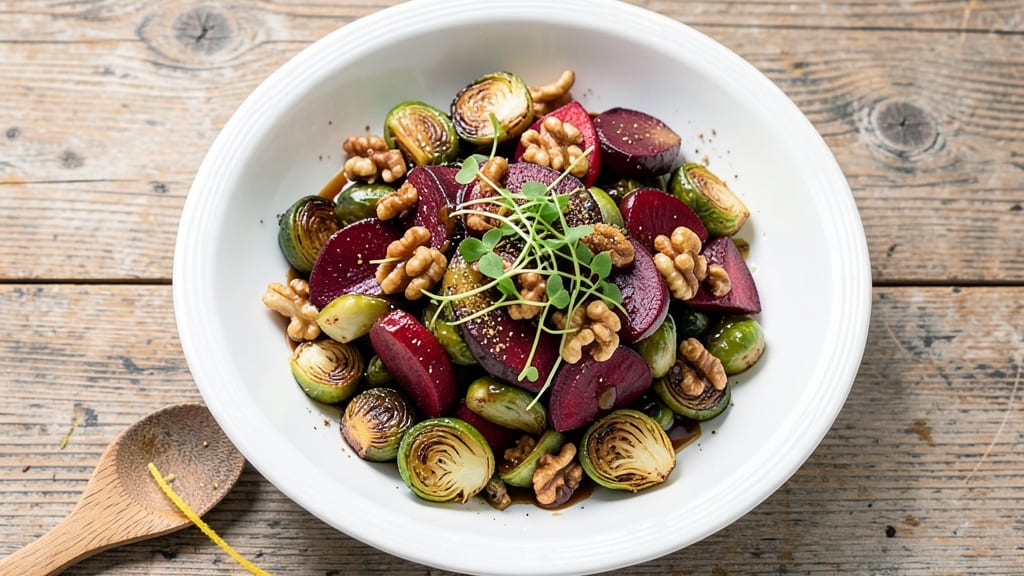 Brussels Sprouts and Beet Salad Recipe: Roasted Earthy Sweetness With Crunchy Walnut Topping
