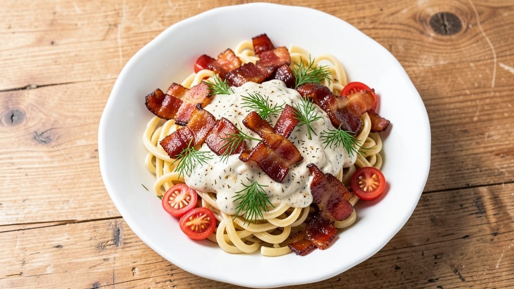 Betty Crocker's Bacon Ranch Pasta Salad Recipe: Smoky Crispy Bacon Bites Over Creamy Cooling Dressing