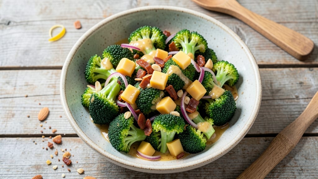 Broccoli Salad Recipe with Cheddar Cheese: Sharp Cheese Crunch Over Tangy Vinaigrette