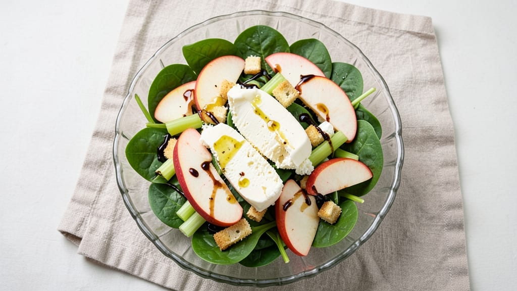 Apple and Goat Cheese Salad Recipe: Crisp Celery Crowns Over Tangy Honey-Drizzled Greens