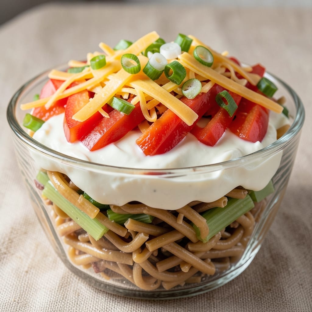 7 Layer Pasta Salad Recipe: No-Mayo Creaminess with Crispy Celery Layers