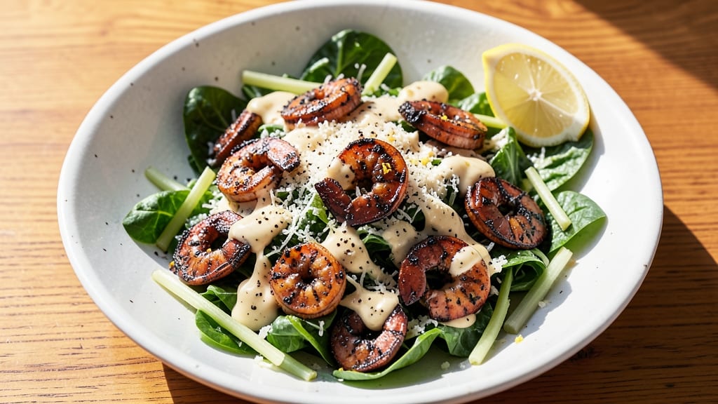 Blackened Shrimp Caesar Salad Recipe: Smoky Spice-Kissed Shrimp Over Crispy Celery Crowns