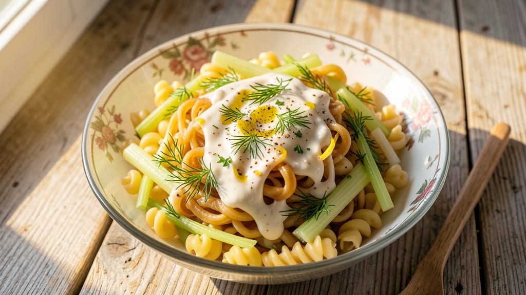 Angel Pasta Salad Recipe: Celery Crown Crunch Over Lemon-Dill Velout