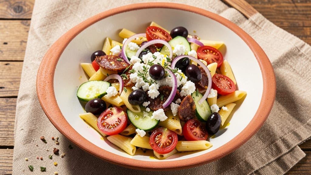 Greek Pasta Salad Recipe with Salami: Mediterranean Crunch and Feta Magic