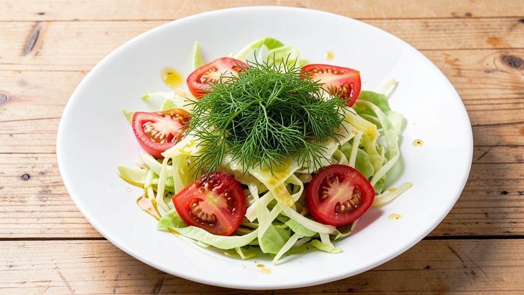 Cabbage and Tomato Salad Recipe: Crisp Celery Crowns Over Zesty Dill-Vinegar Dressing