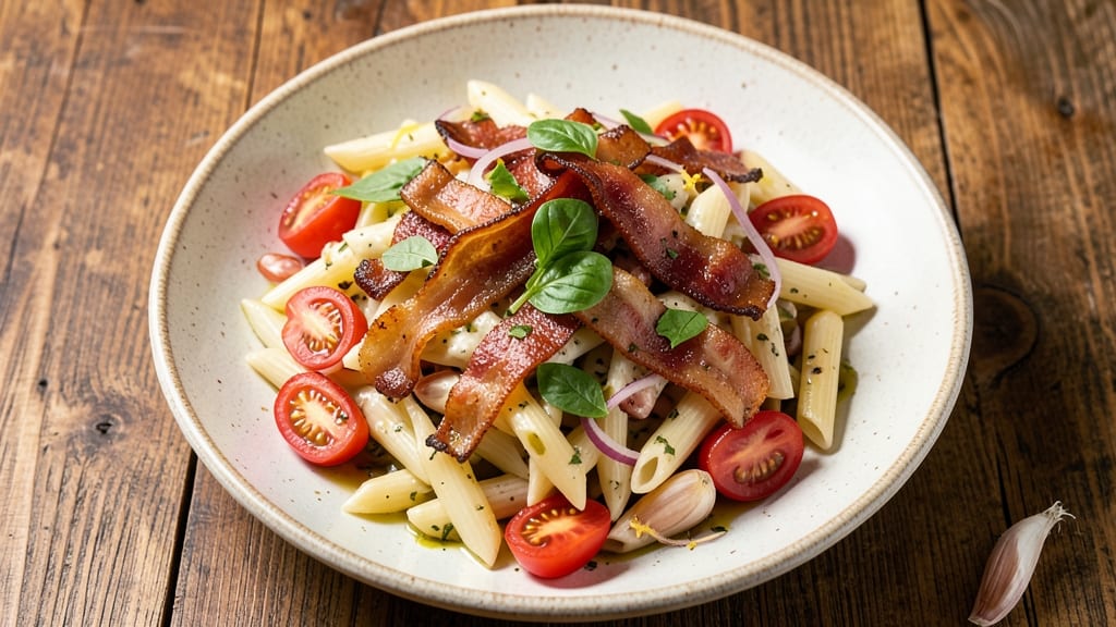 Bacon Tomato Pasta Salad Recipe: Smoky Crispy Bits Over Tangy Vinaigrette