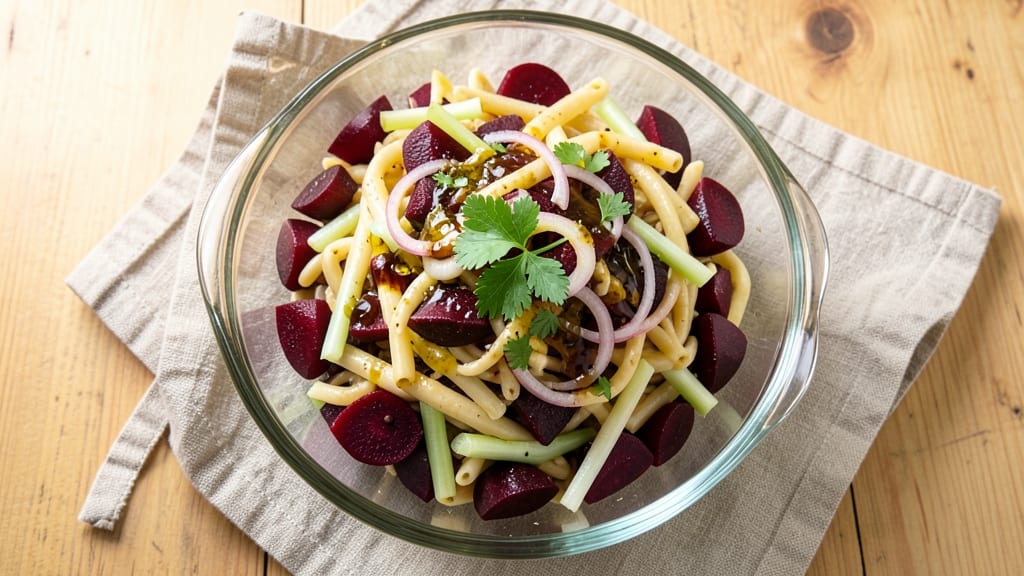 Beetroot Pasta Salad Recipe: Earthy Sweetness With Crisp Celery Crowns